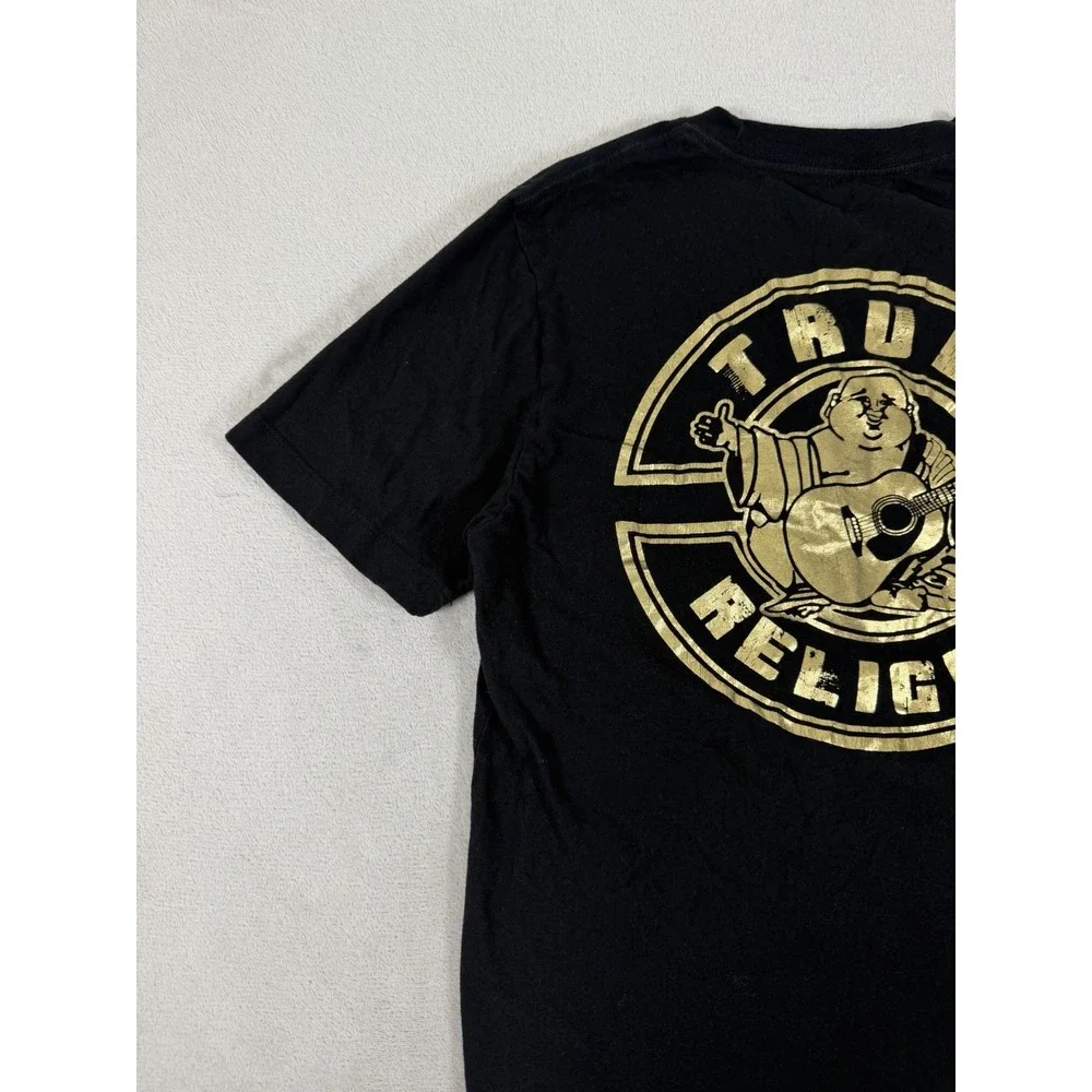 True Religion Mens Black Crew Neck T-Shirt Gold Metallic Horseshoe Logo Small